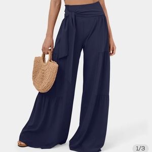 Breezeful High Waist Shirred Lace Up Plicated Wide Leg Flowy Quick Dry Pants NWT